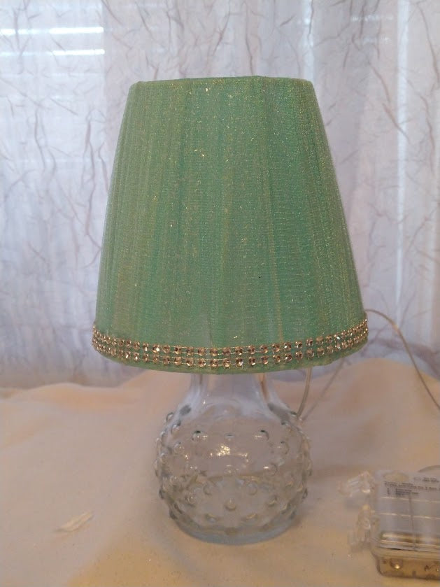 Aqua and Silver Sparkle Tulle w Rhinestone Trim Lampshade   Clip On   5"H