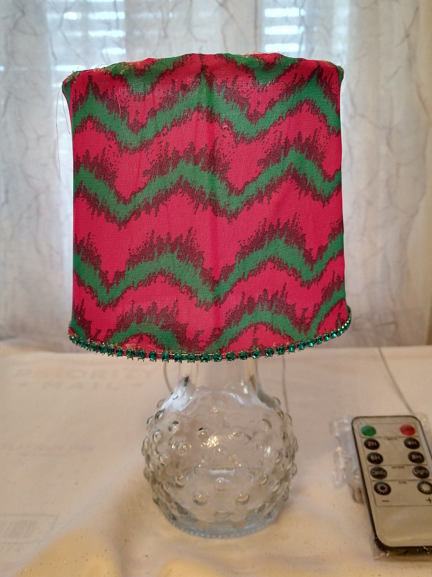 Pink and Blue Horizontal Zigzag Lampshade with Blue Rhinestone Trim  5"H Clip On