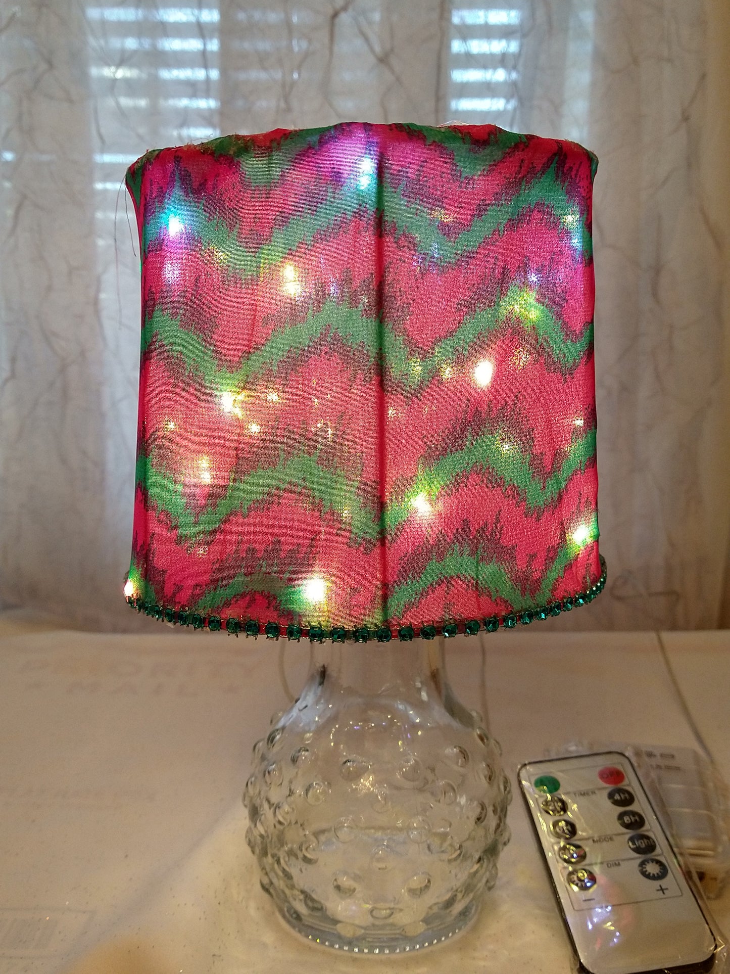 Pink and Blue Horizontal Zigzag Lampshade with Blue Rhinestone Trim  5"H Clip On