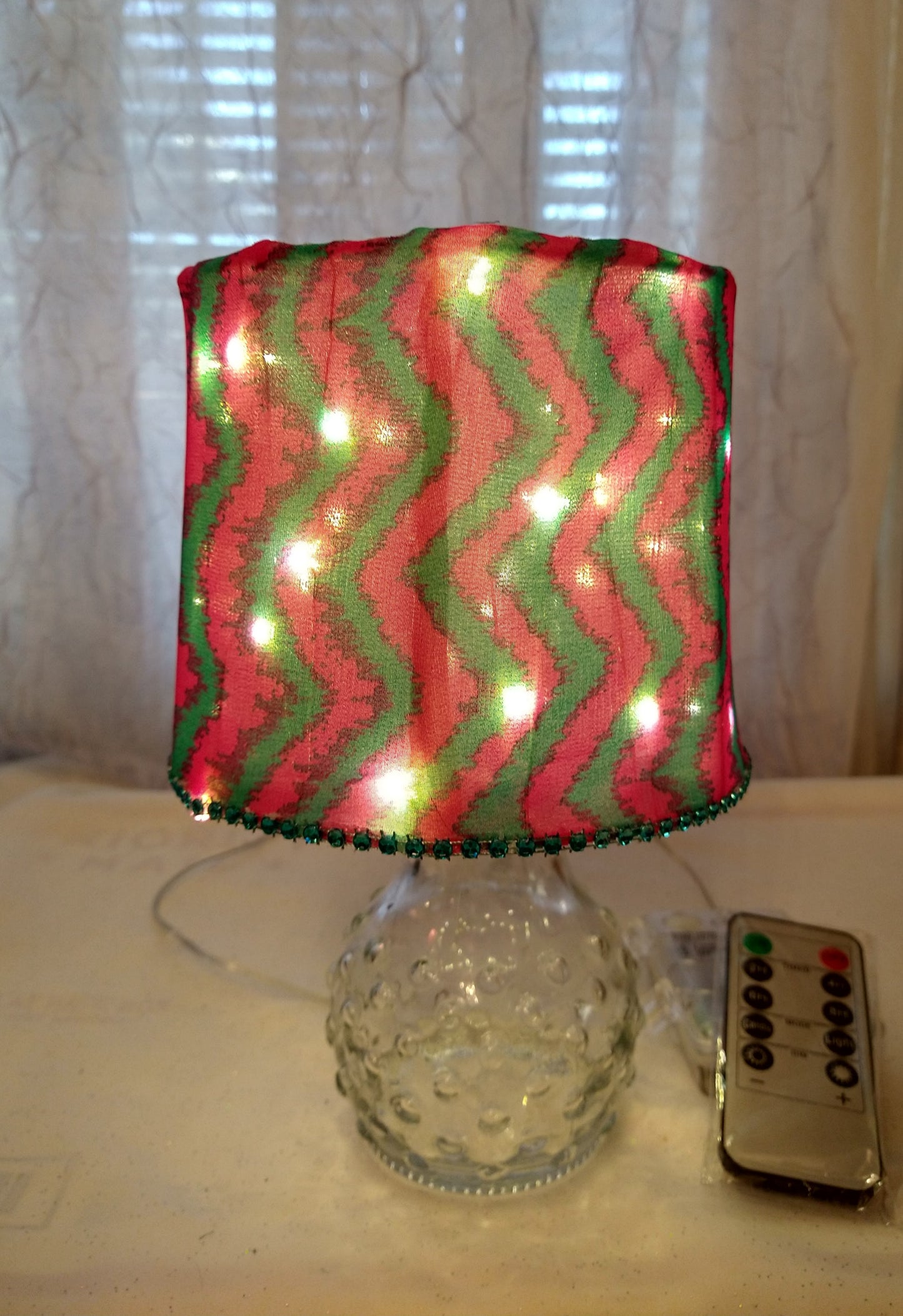 Pink and Blue Vertical Zigzag Lampshade with Blue Rhinestone Trim  5"H Clip On