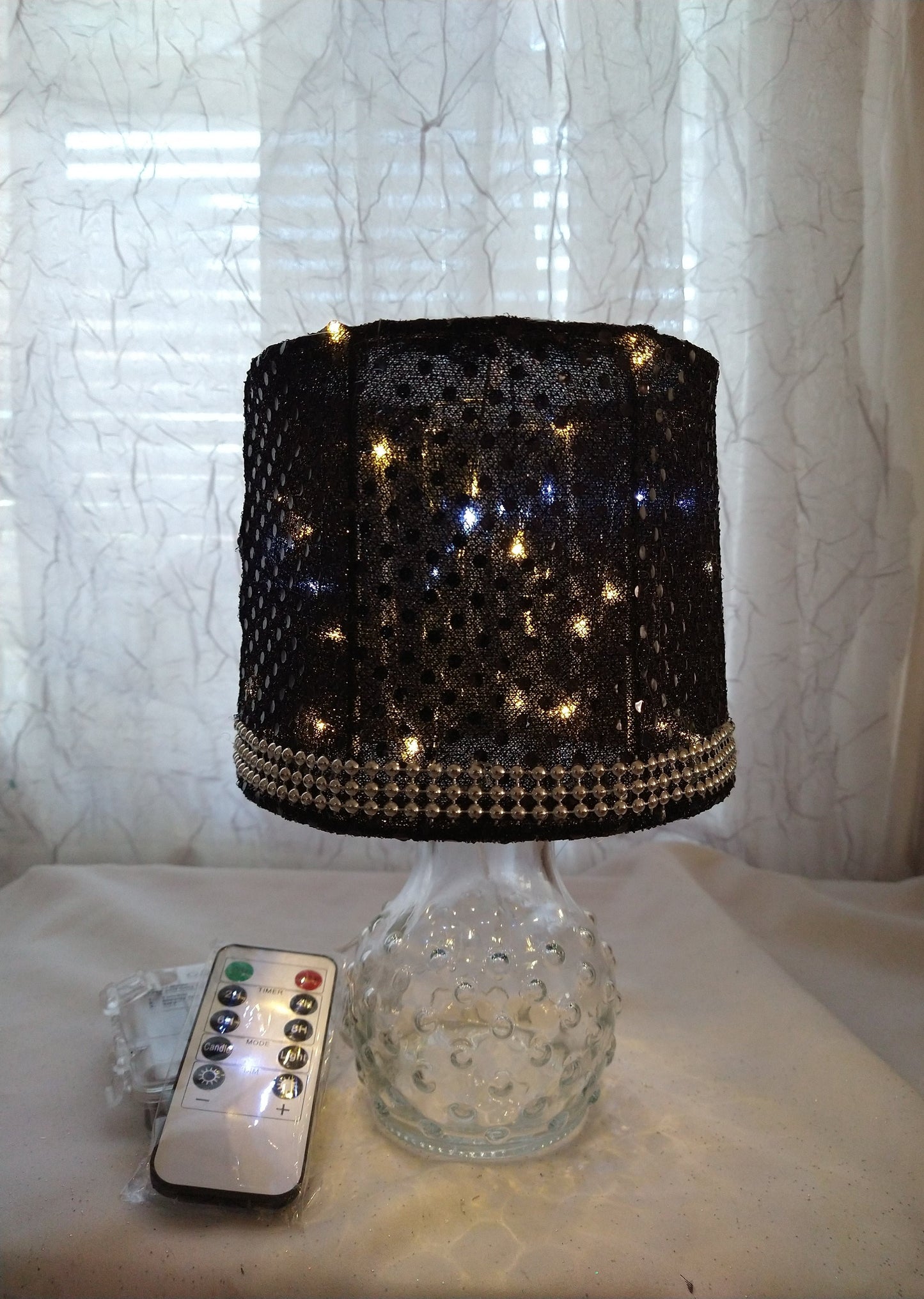 Black Reflective Circles Print with Silver Studded Trim Lampshade   5"H  Clip On