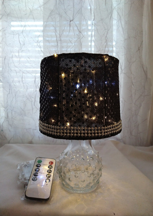 Black Reflective Circles Print with Silver Studded Trim Lampshade   5"H  Clip On