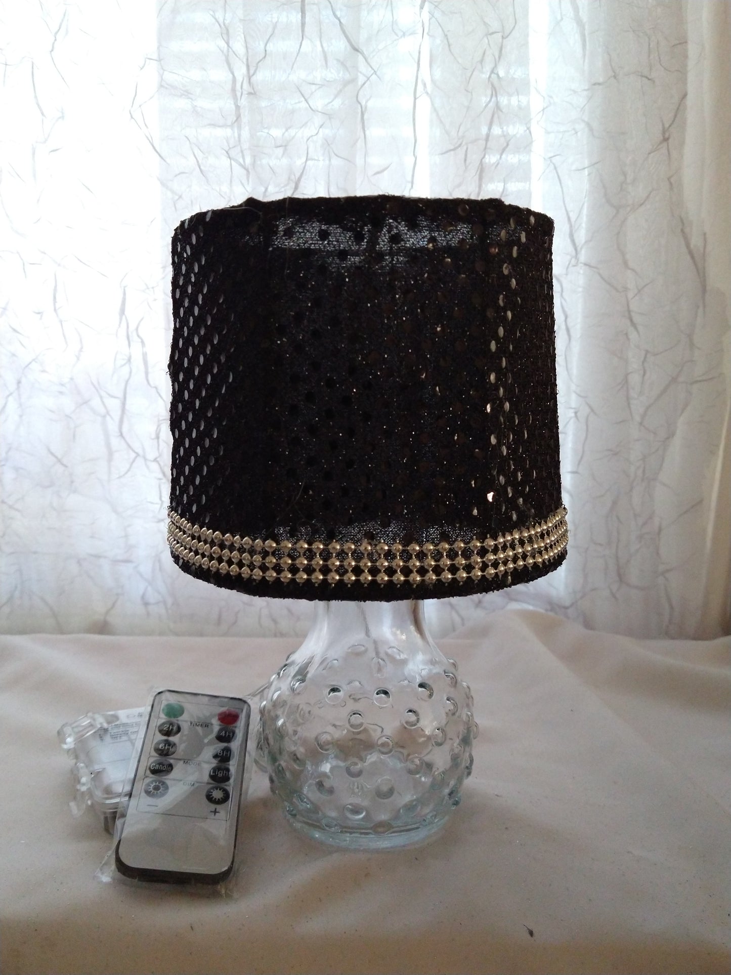 Black Reflective Circles Print with Silver Studded Trim Lampshade   5"H  Clip On