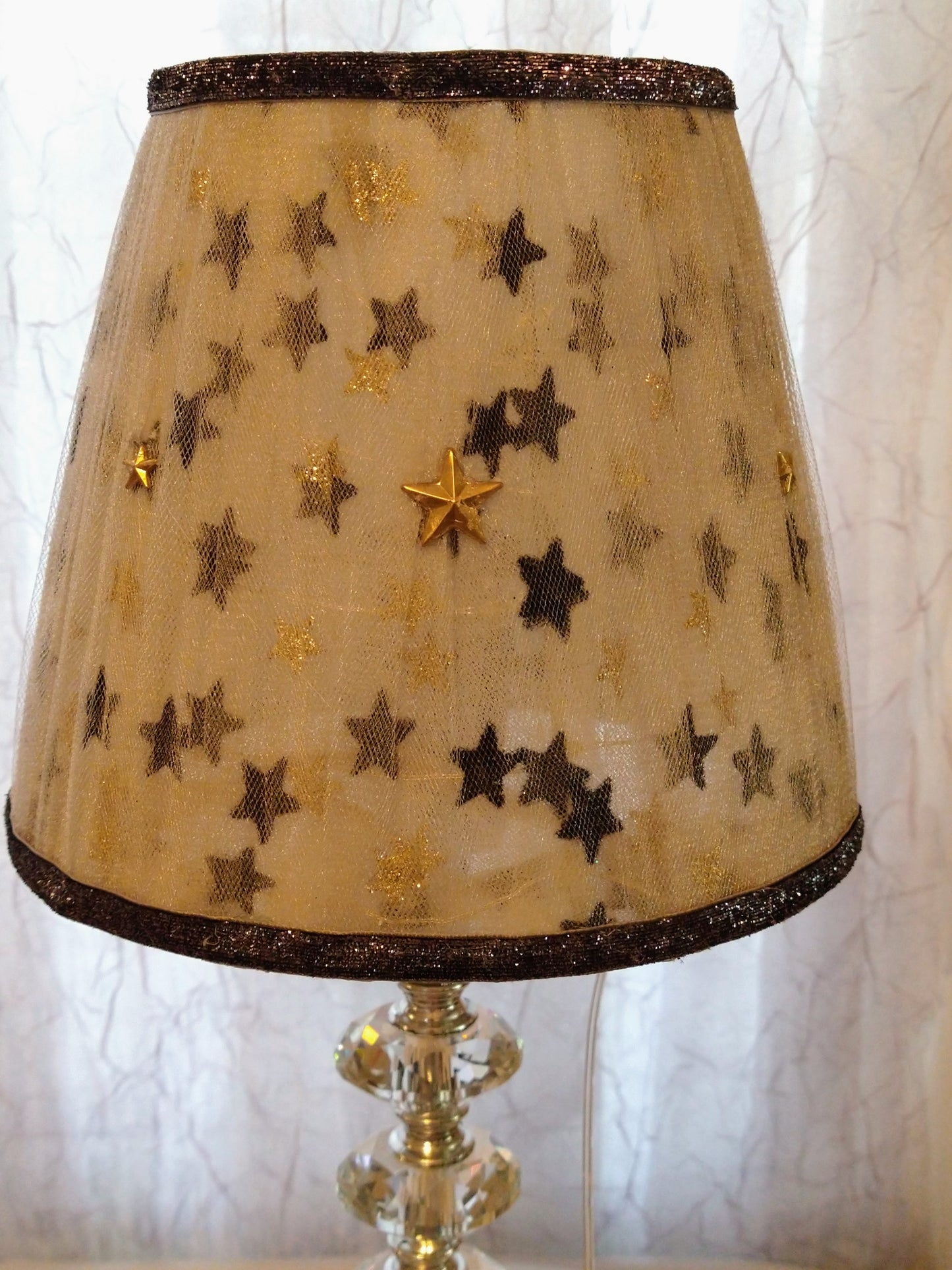 Black and Gold Stars Tulle Lampshade with Black Metallic Trim  7"H   Uno Drop Fitter