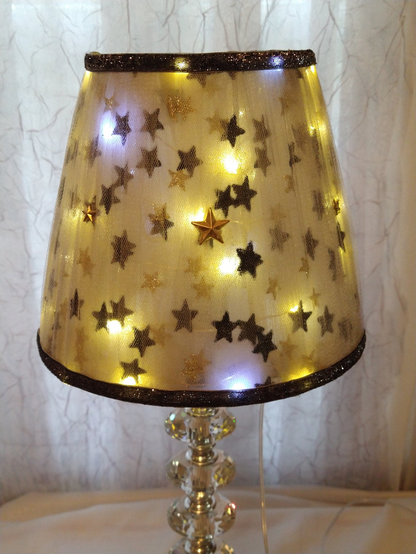 Black and Gold Stars Tulle Lampshade with Black Metallic Trim  7"H   Uno Drop Fitter