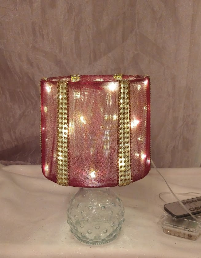 Maroon Ribbon with Gold Rhinestone Accents Lampshade   5"H  Clip On'