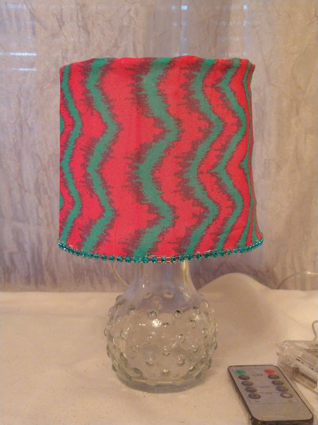 Pink and Blue Vertical Zigzag Lampshade with Blue Rhinestone Trim  5"H Clip On