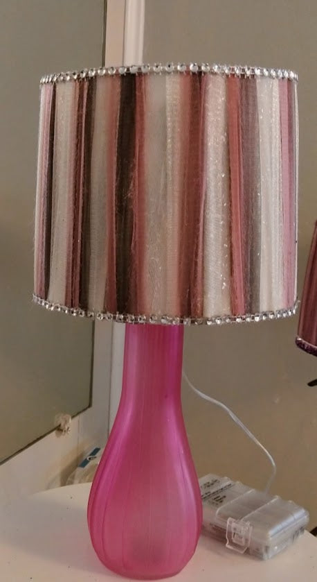 Pink, White & Gray Striped Shimmer Lampshade with Rhinestone Trim  5"  Clip on