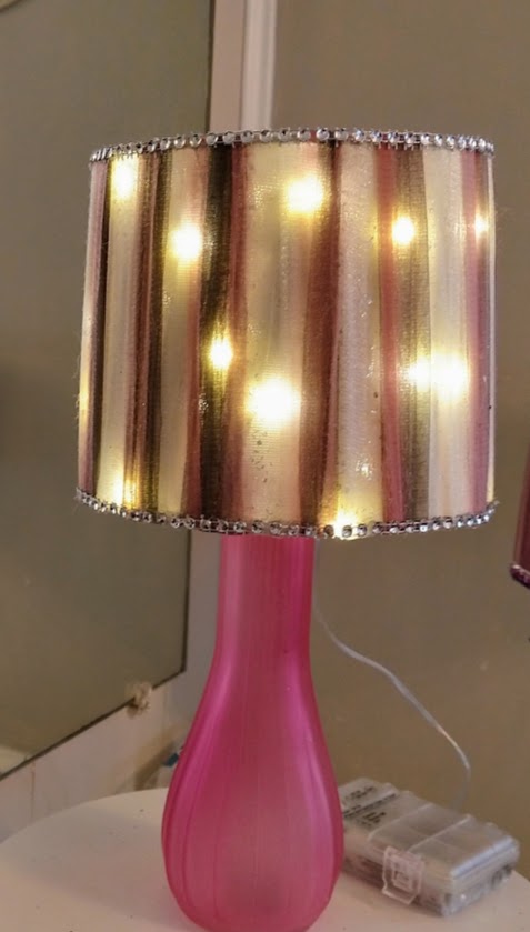 Pink, White & Gray Striped Shimmer Lampshade with Rhinestone Trim  5"  Clip on