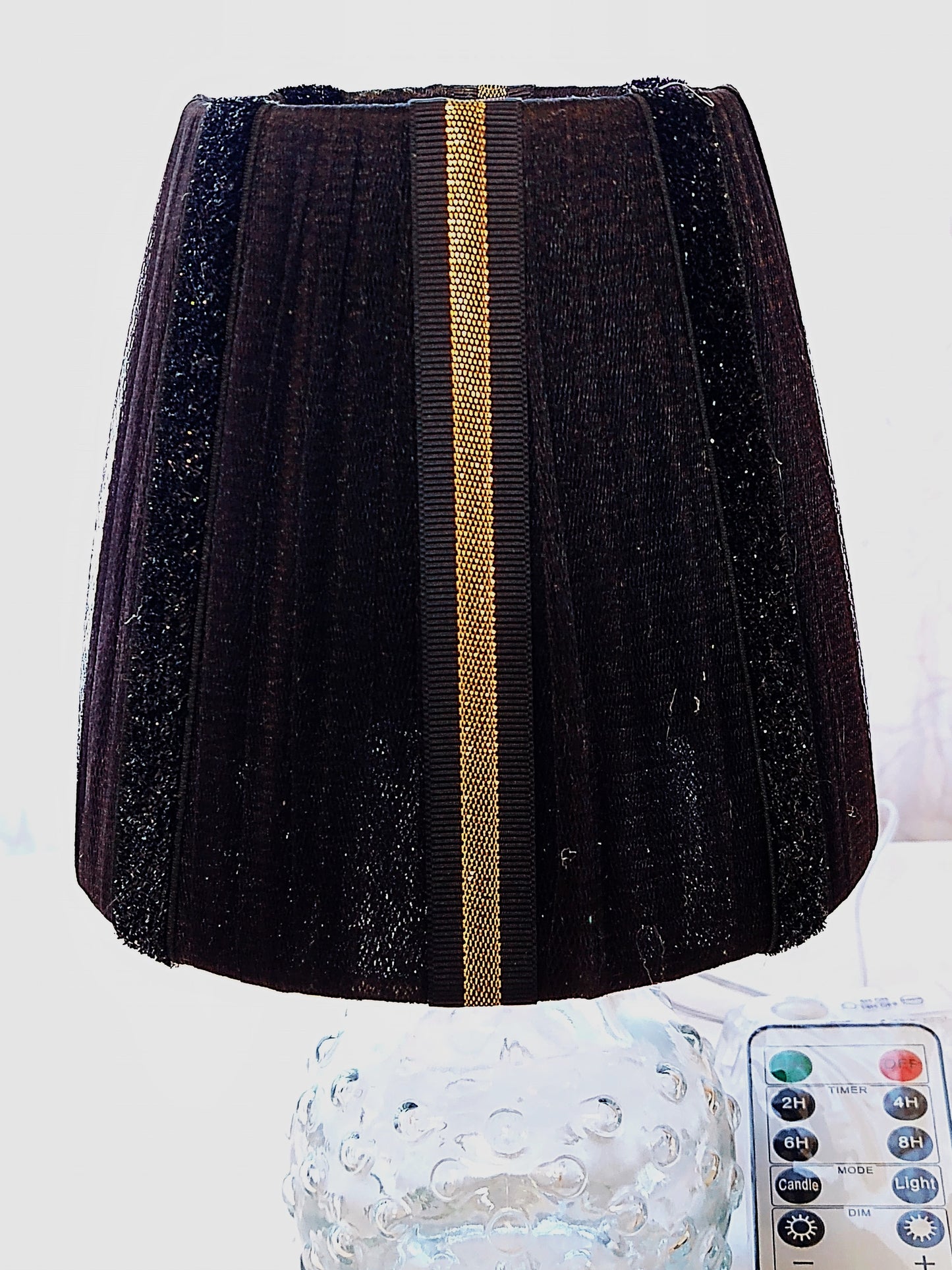 Black Tulle Lampshade with Gold and Black Velvet Vertical Detailing 5"H Clip On