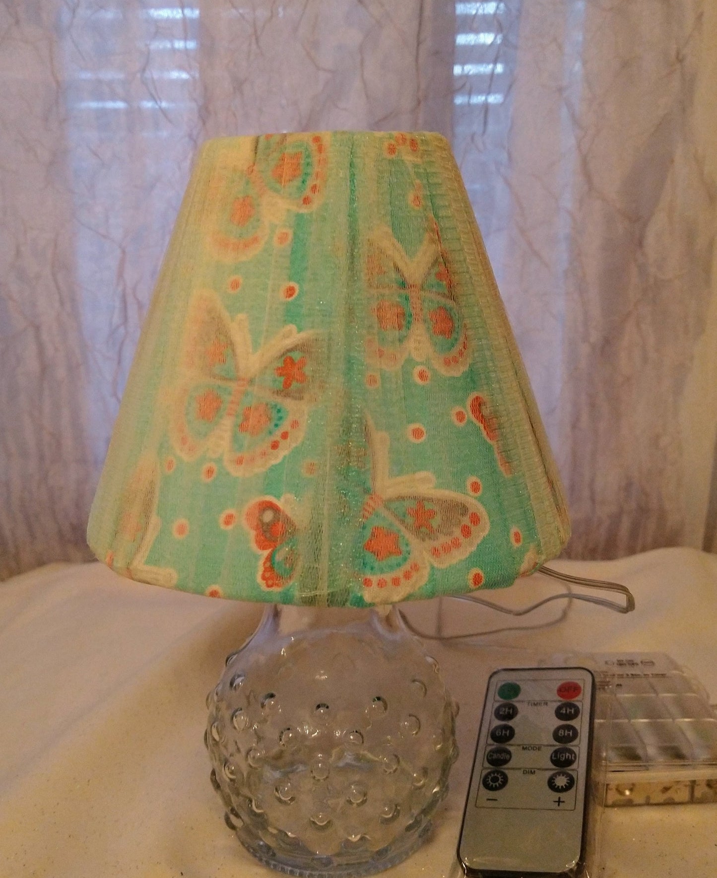 Orange, White and Green Butterfly Print  Lampshade with Sheer Tulle Veil,   5"H  Clip On