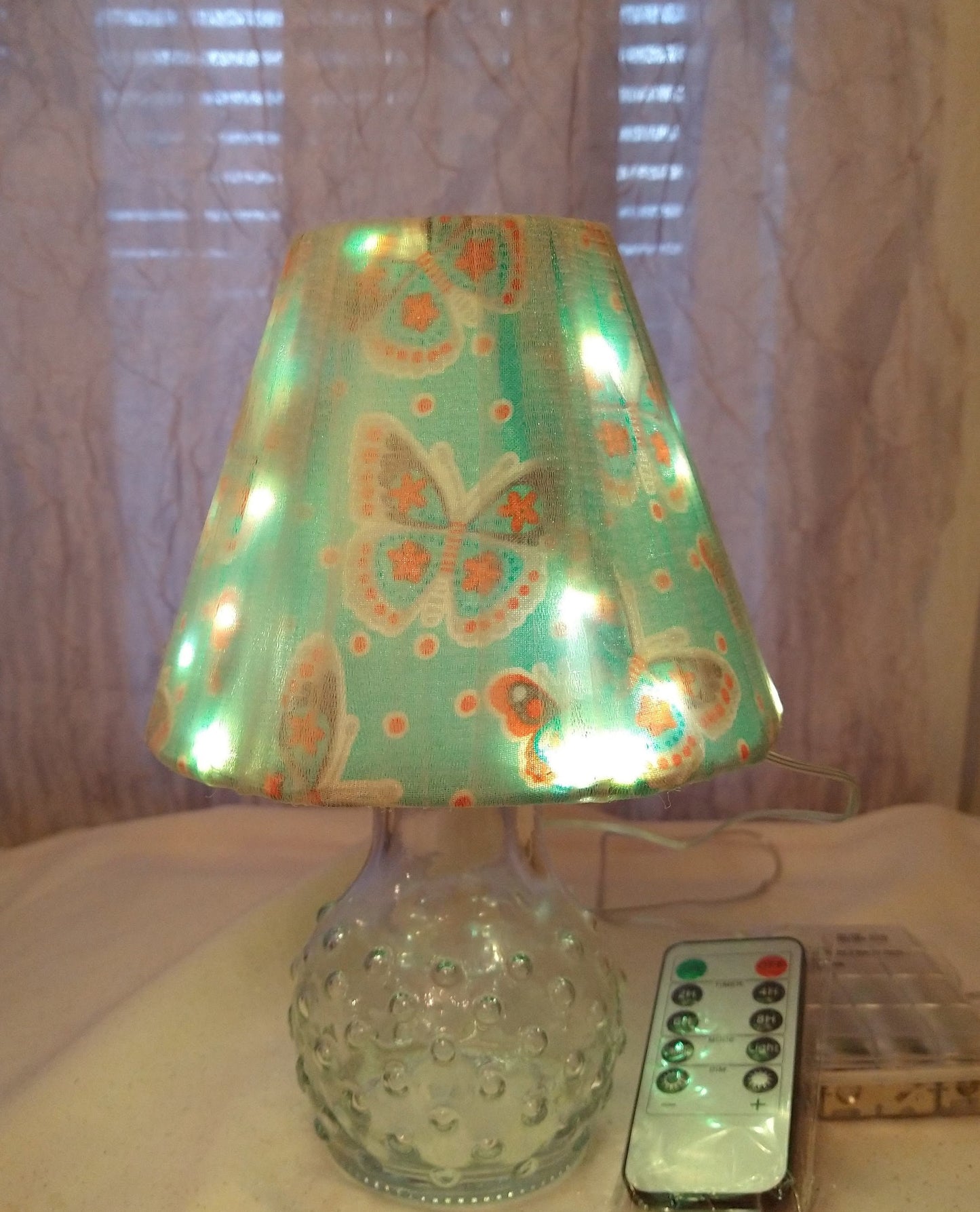 Orange, White and Green Butterfly Print  Lampshade with Sheer Tulle Veil,   5"H  Clip On