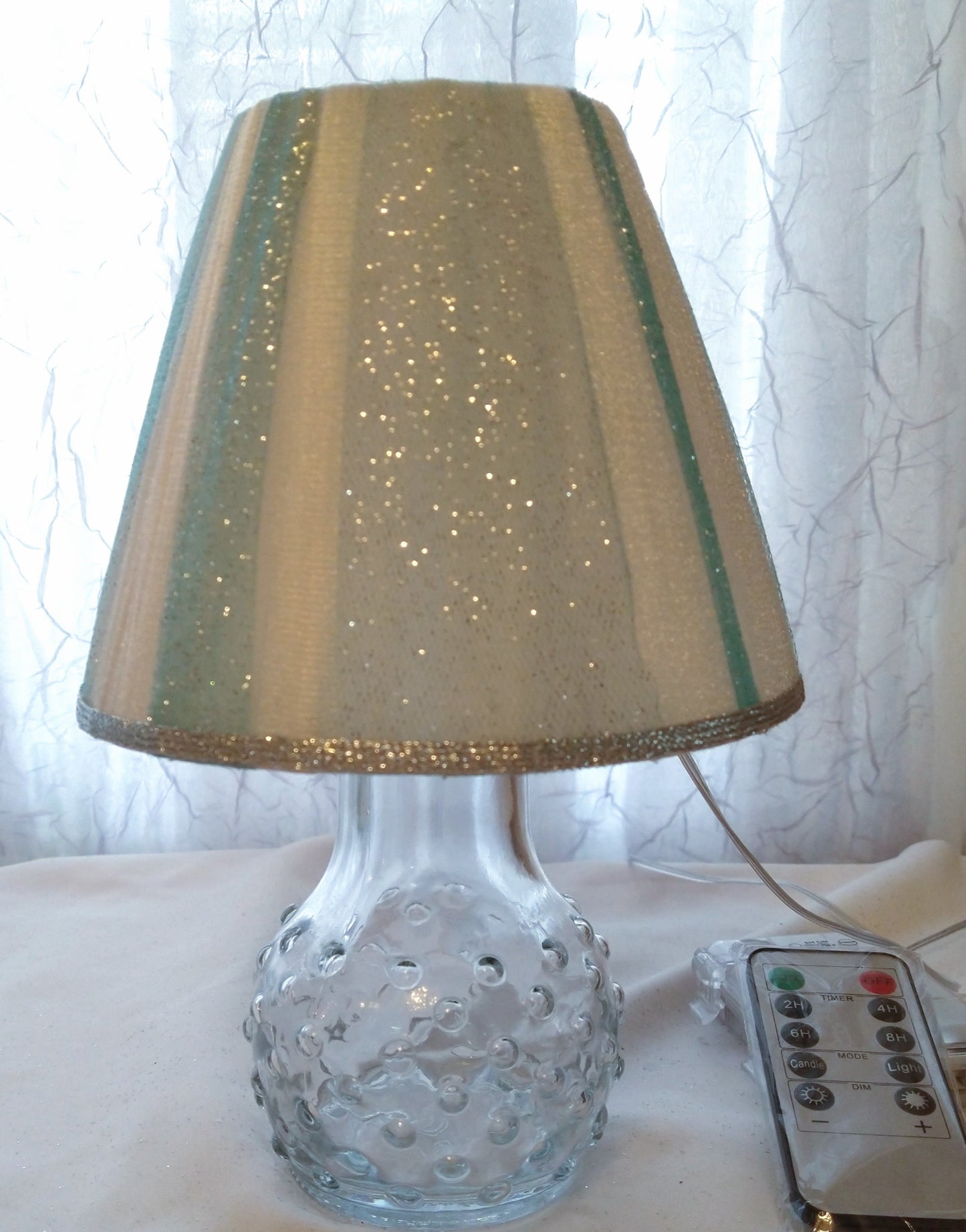 Soft Green and White Striped Shimmer Tulle Lampshade  5"H  Clip On