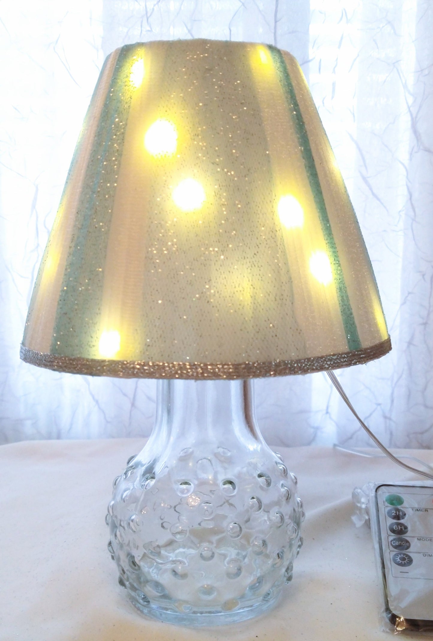 Soft Green and White Striped Shimmer Tulle Lampshade  5"H  Clip On