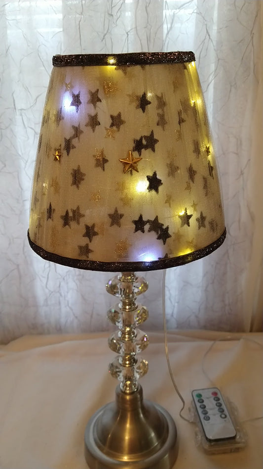 Black and Gold Stars Tulle Lampshade with Black Metallic Trim  7"H   Uno Drop Fitter