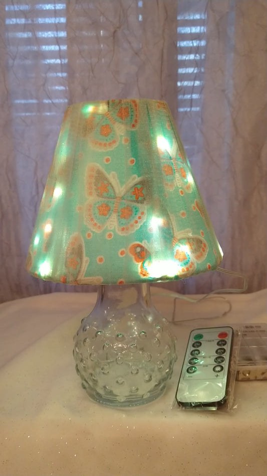 Orange, White and Green Butterfly Print  Lampshade with Sheer Tulle Veil,   5"H  Clip On