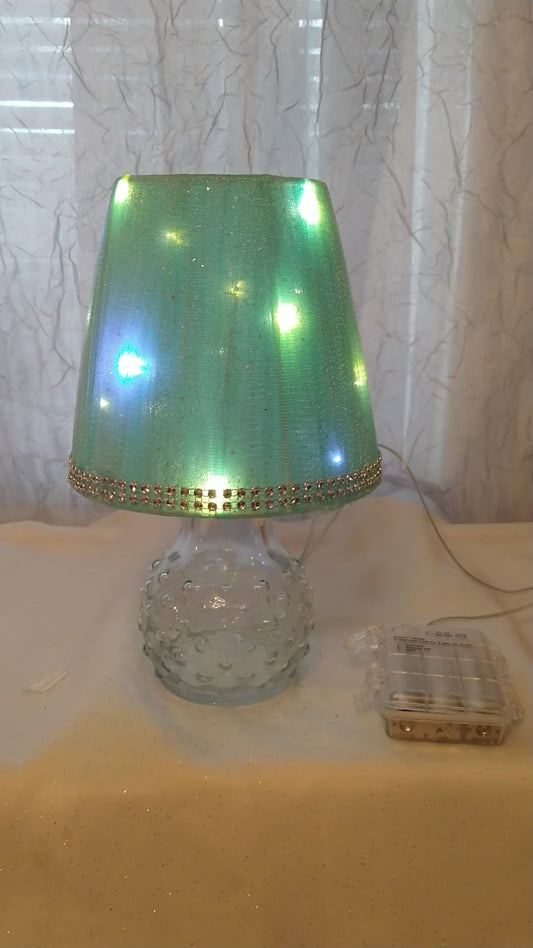 Aqua and Silver Sparkle Tulle w Rhinestone Trim Lampshade   Clip On   5"H